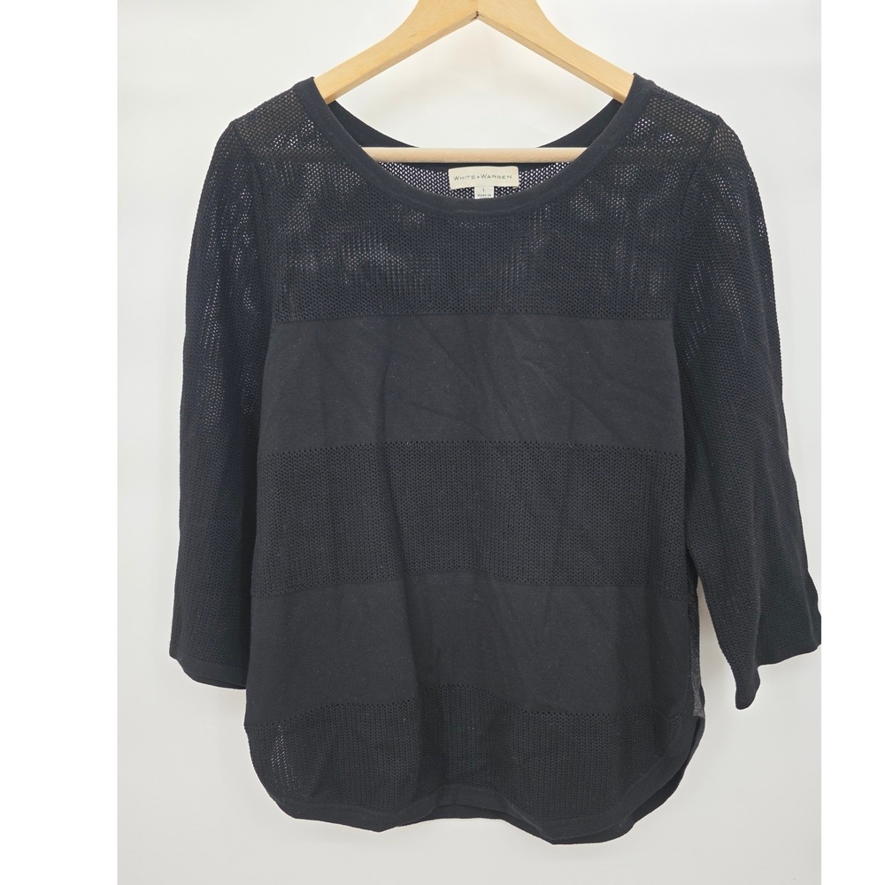 White + Warren Black Mesh Stripe 3/4 Sleeve Knit Sweater Top Large Metallic